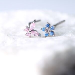 Two Nose Piercings Crystal Butterfly pink and Ocean coral flower New
